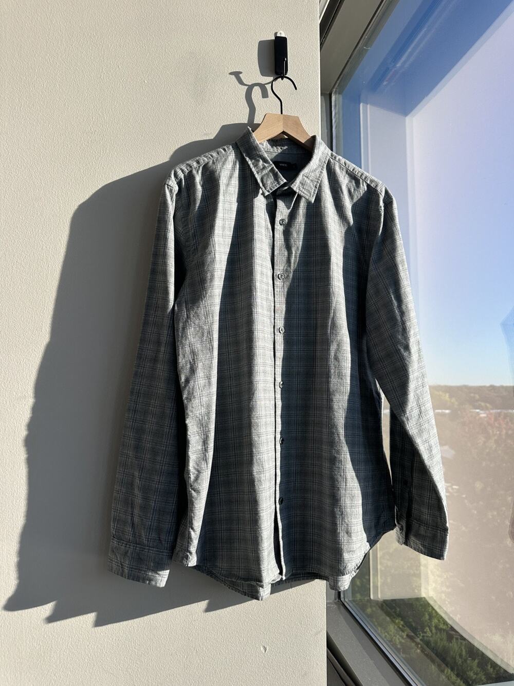 Vince 100% Cotton Gunmetal Grey Silver Checked Button Up Shirt Men's Sz XL